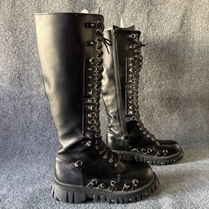 VTG T.U.K. Women’s Knee High Combat Boots 9 Black Leather Lace Up Gothic Punk
